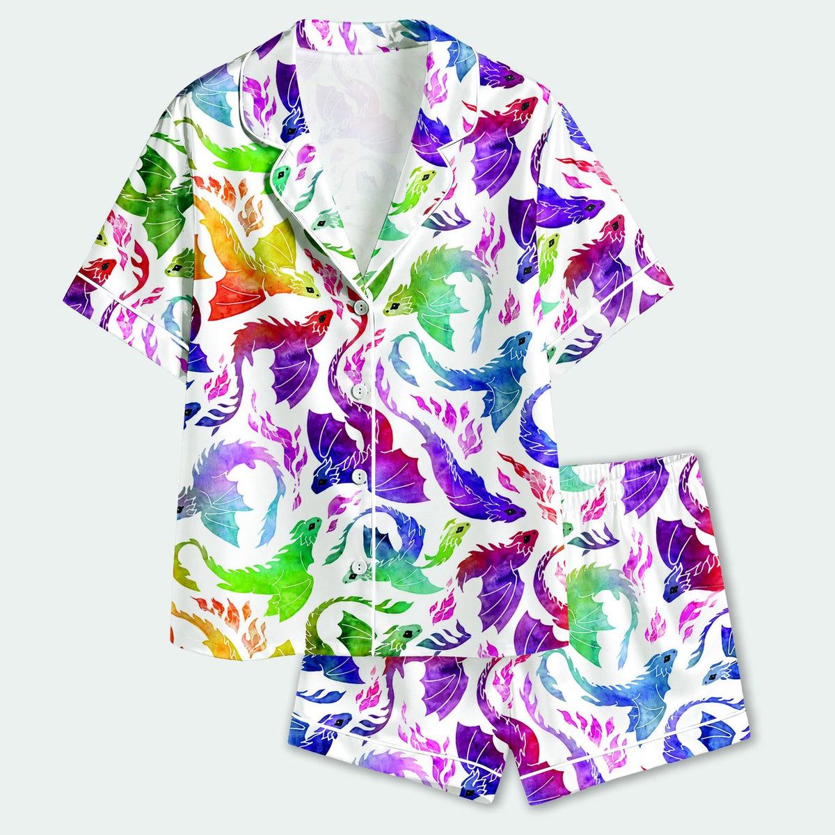 Vibrant Dragon Satin Pajama Set: Artistic Watercolor Fantasy Creatures for Cozy Sleepwear