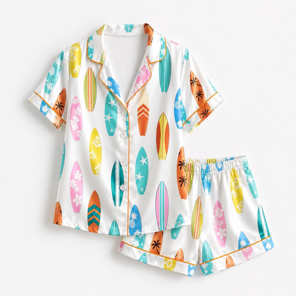 Summer Coastal Vacation: Colorful Tropical Beach Surfboard Satin Pajama Set