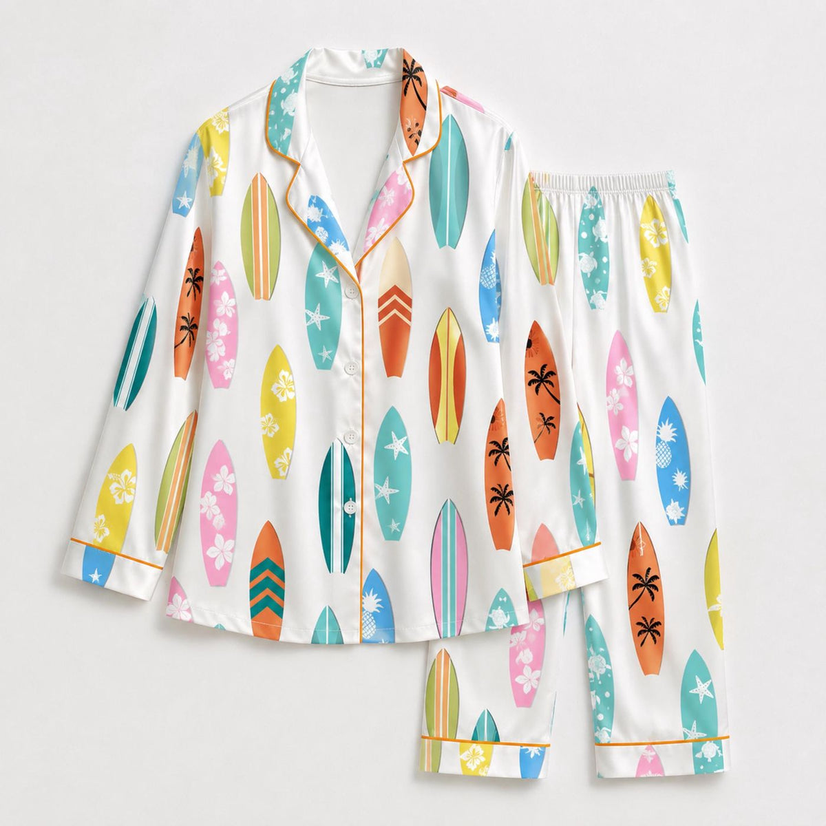 Summer Coastal Vacation: Colorful Tropical Beach Surfboard Satin Pajama Set