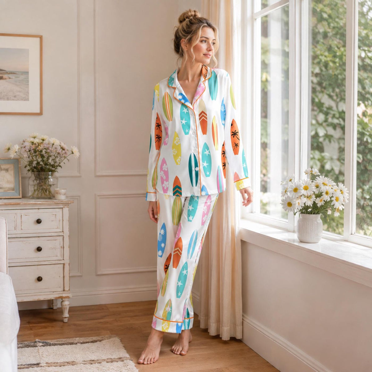Summer Coastal Vacation: Colorful Tropical Beach Surfboard Satin Pajama Set