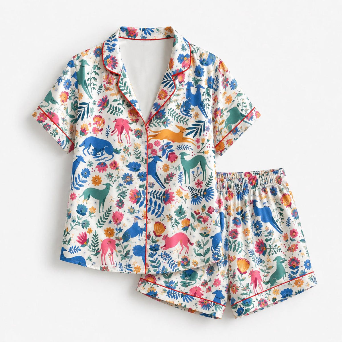 Colorful Woodland Animal Satin Pajama Set with Deer Foxes Birds Flowers & Forest Botanical Pattern