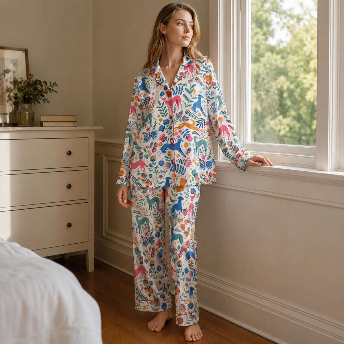 Colorful Woodland Animal Satin Pajama Set with Deer Foxes Birds Flowers & Forest Botanical Pattern