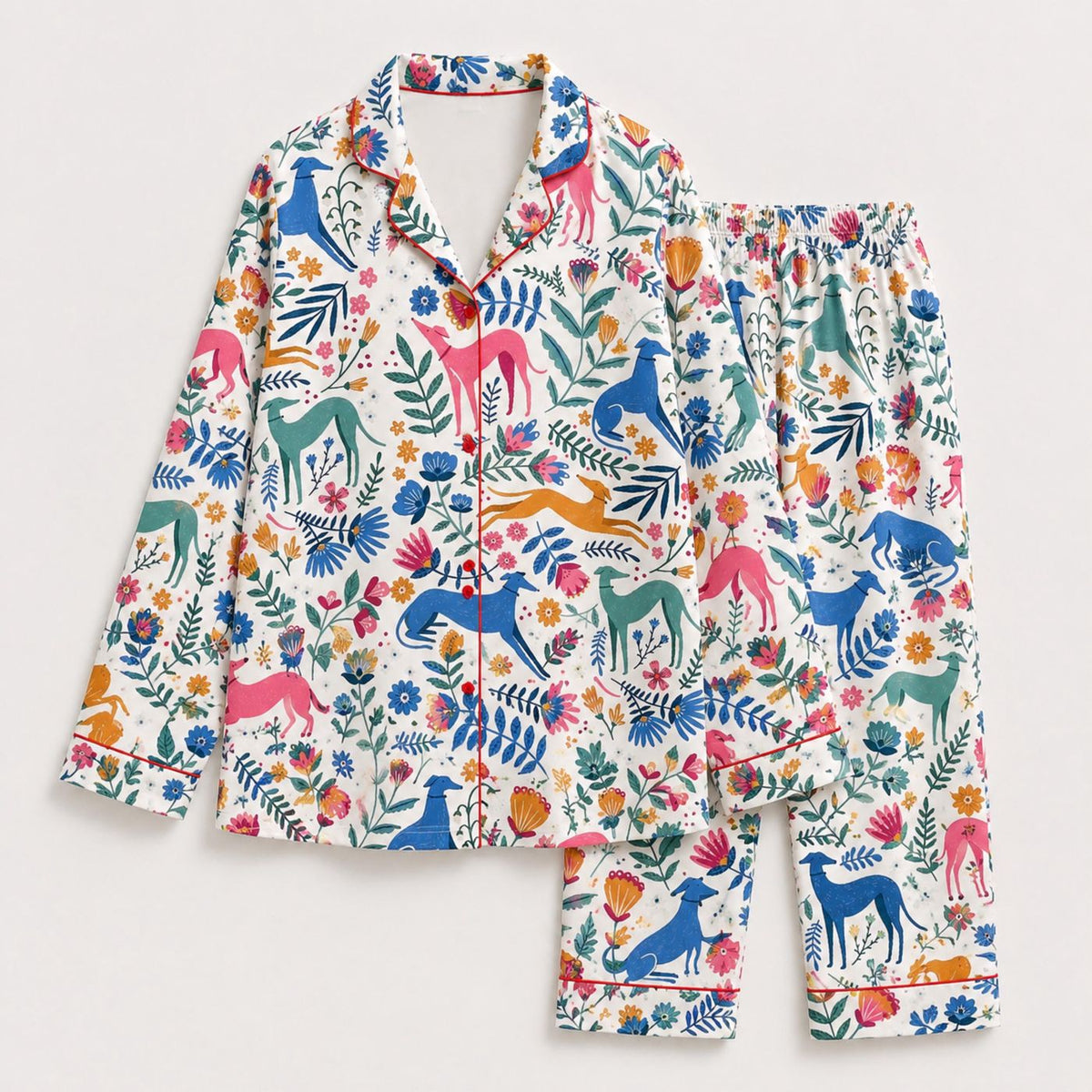 Colorful Woodland Animal Satin Pajama Set with Deer Foxes Birds Flowers & Forest Botanical Pattern