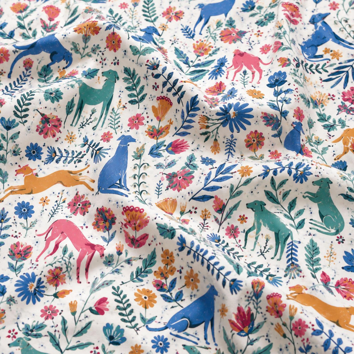 Colorful Woodland Animal Satin Pajama Set with Deer Foxes Birds Flowers & Forest Botanical Pattern