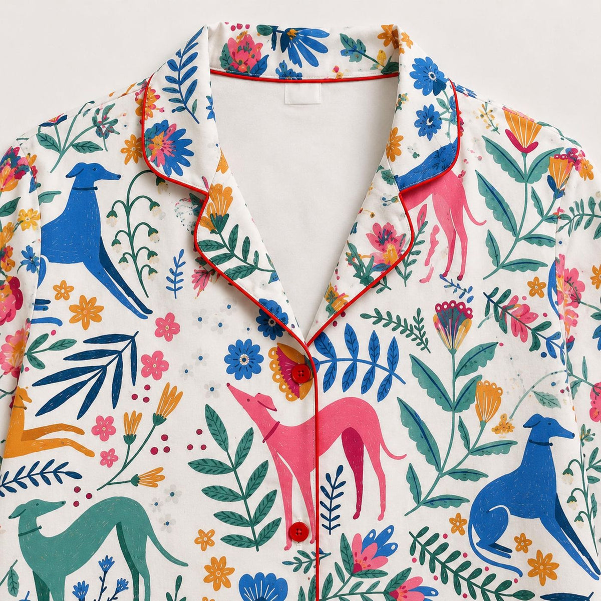 Colorful Woodland Animal Satin Pajama Set with Deer Foxes Birds Flowers & Forest Botanical Pattern