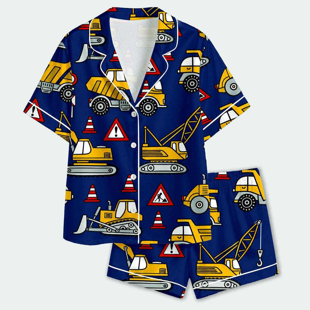Kids Construction Vehicle Satin Pajama Set - Excavators Dump Trucks Road Signs Heavy Equipment - Boys Sleepwear
