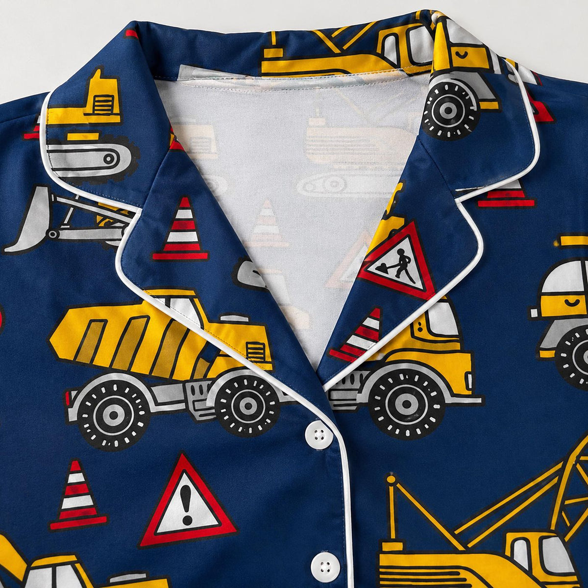 Kids Construction Vehicle Satin Pajama Set - Excavators Dump Trucks Road Signs Heavy Equipment - Boys Sleepwear