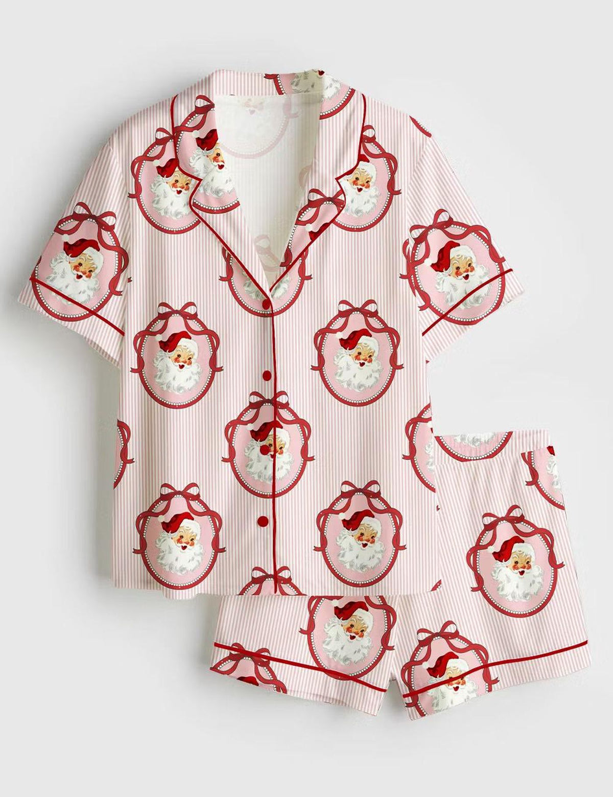 Coquette Bows Pink Santa Satin Pajama Set - Girly Christmas Short Sleeve PJs