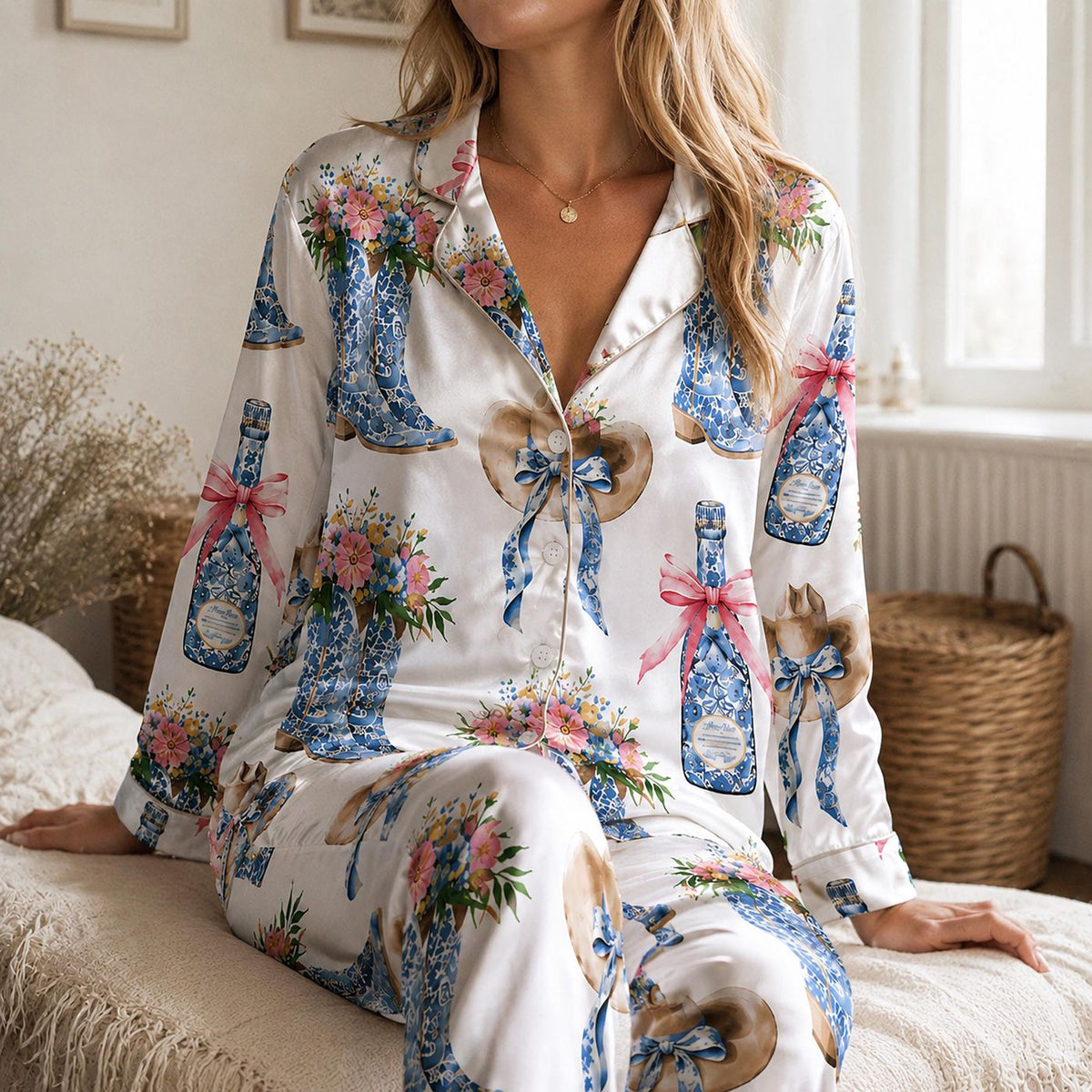 Coquette Cowboy Boots Satin Pajama Set: Champagne Pink Bow & Floral Western Pattern Sleepwear