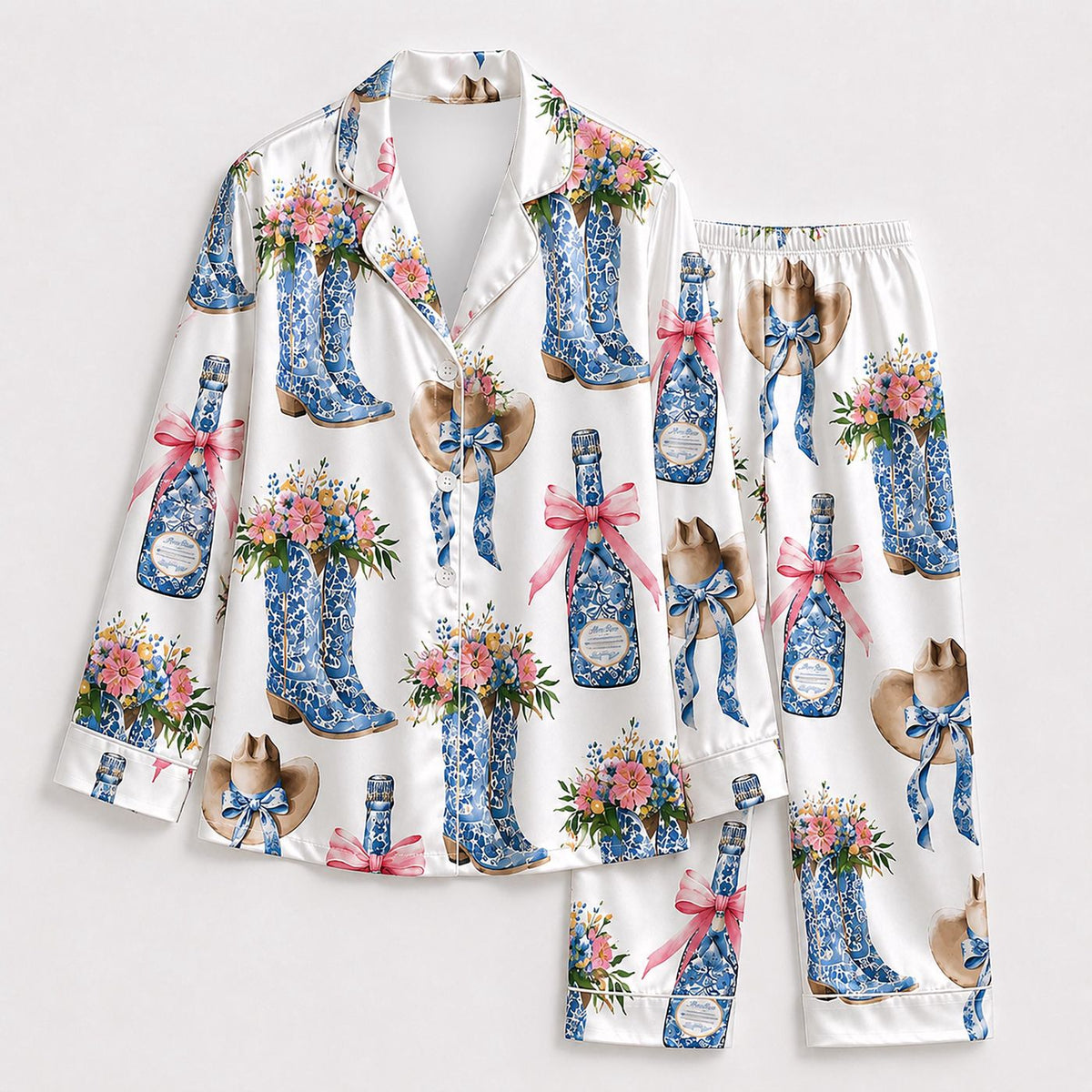 Coquette Cowboy Boots Satin Pajama Set: Champagne Pink Bow & Floral Western Pattern Sleepwear