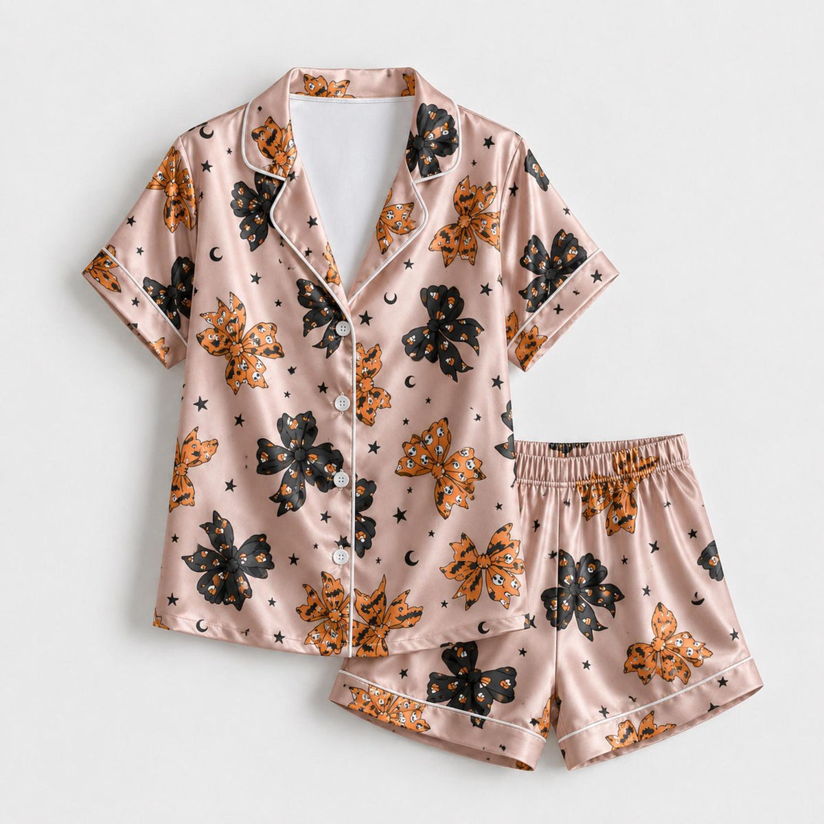 Coquette Pink Spooky Celestial Halloween Bow Satin Sleepwear Pajamas
