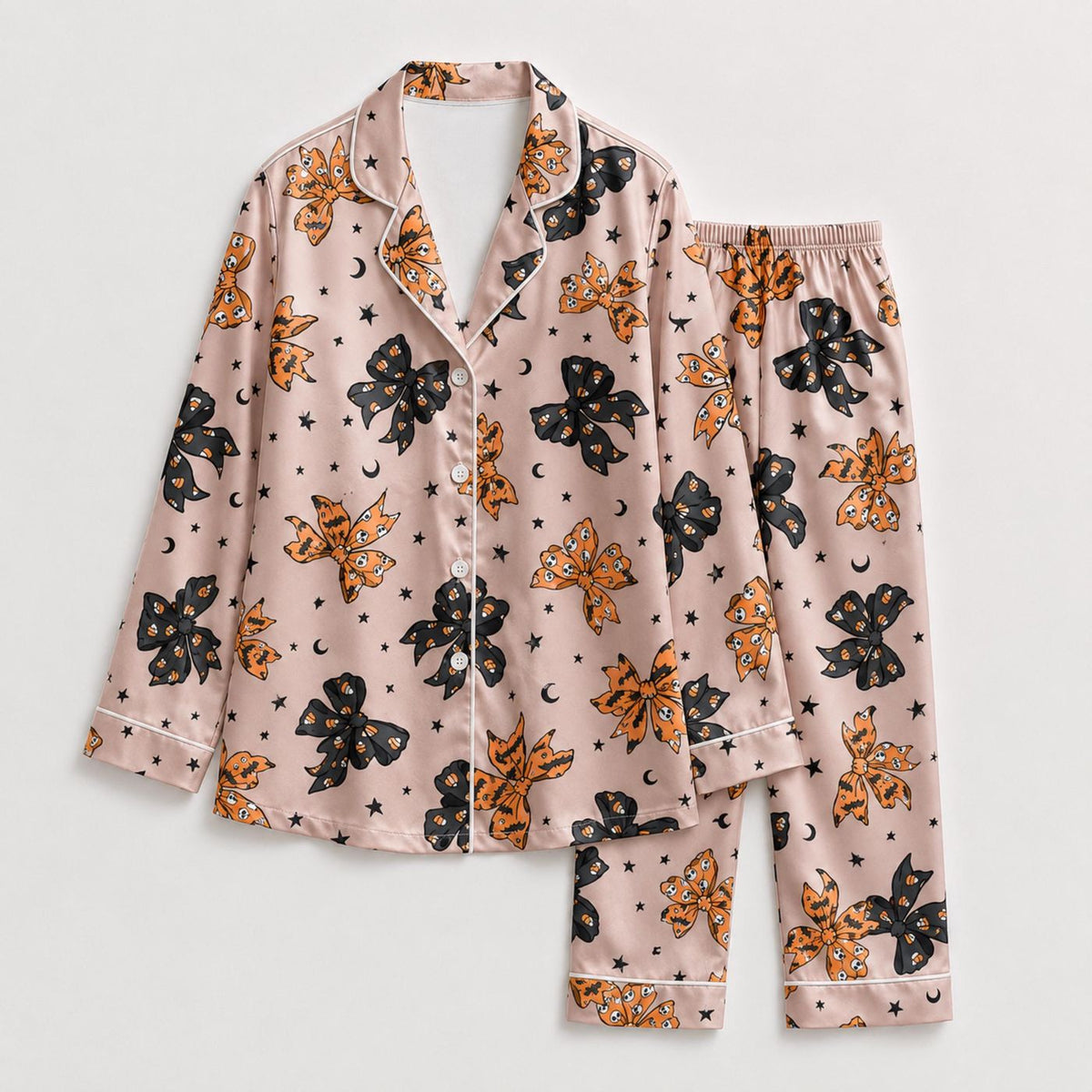 Coquette Pink Spooky Celestial Halloween Bow Satin Sleepwear Pajamas