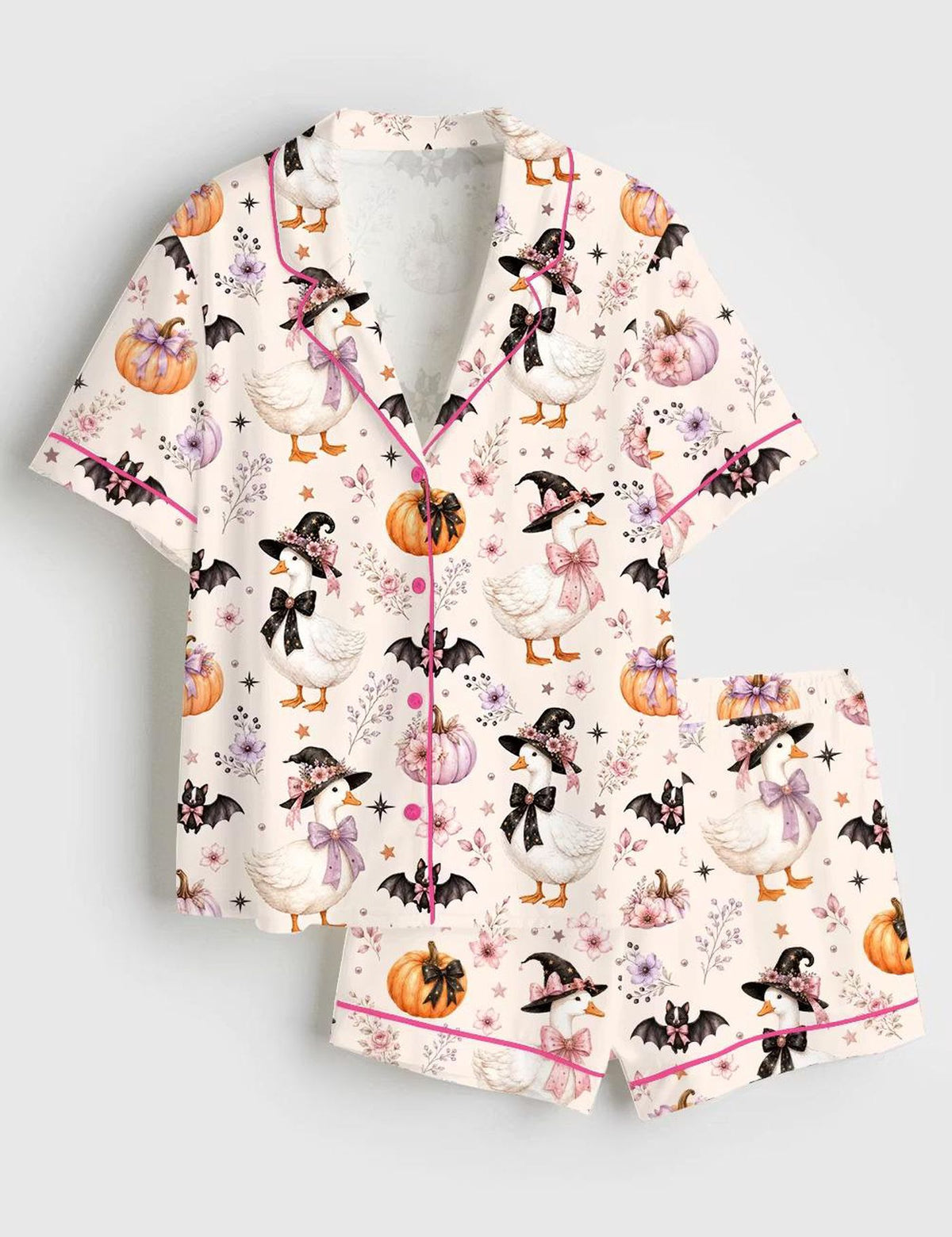 Coquette Halloween Witch Goose Satin Pajama Set - Fall Pumpkin Holiday Sleepwear