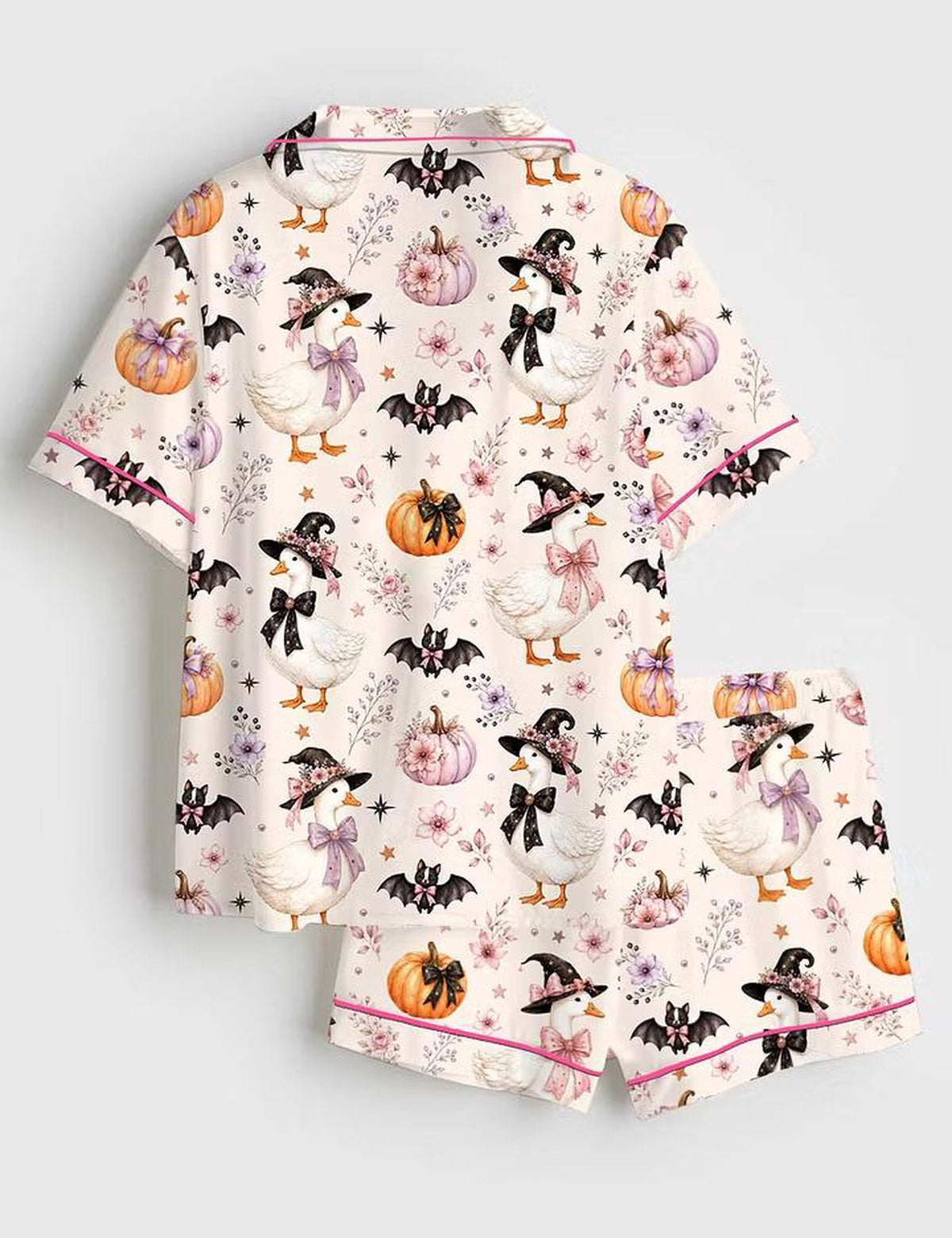 Coquette Halloween Witch Goose Satin Pajama Set - Fall Pumpkin Holiday Sleepwear