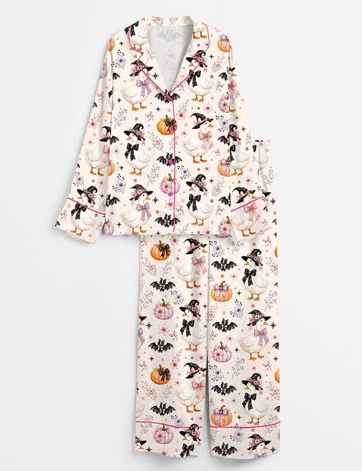 Coquette Halloween Witch Goose Satin Pajama Set - Fall Pumpkin Holiday Sleepwear