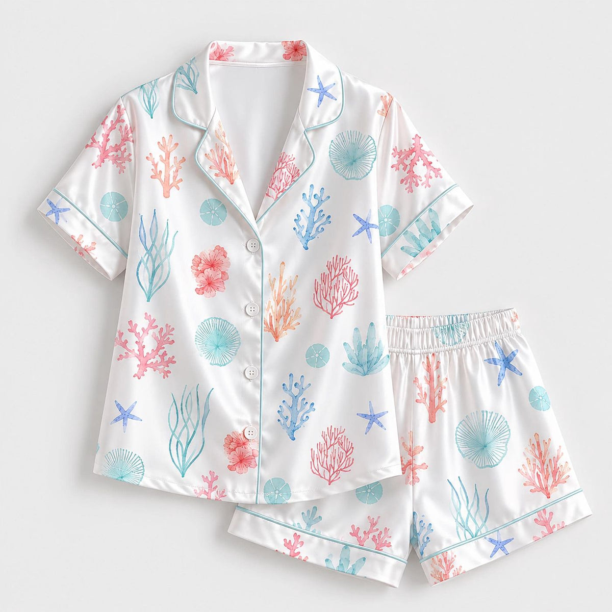 White Ocean Coral Reef Satin Pajama Set: Nautical Loungewear Collection