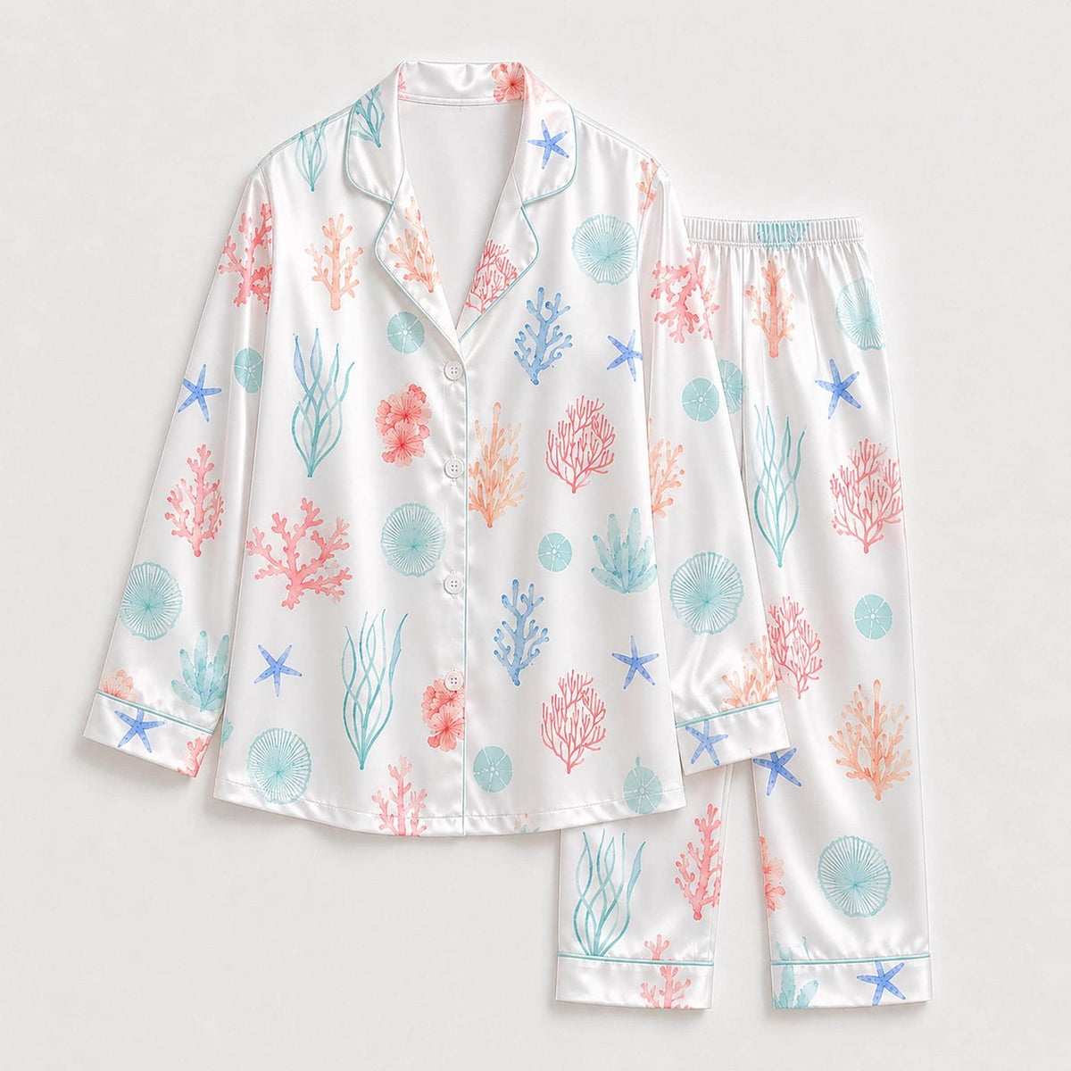 White Ocean Coral Reef Satin Pajama Set: Nautical Loungewear Collection