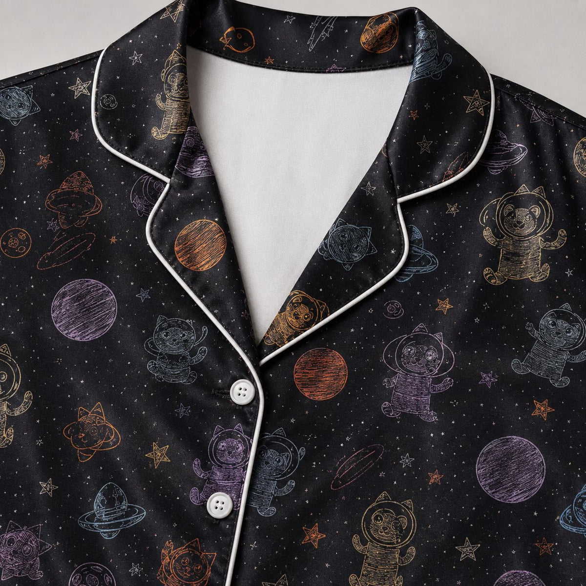 Galaxy Cat Satin Pajama Set: Cozy Sleepwear with Planets Stars and Cute Space Kitty Pattern
