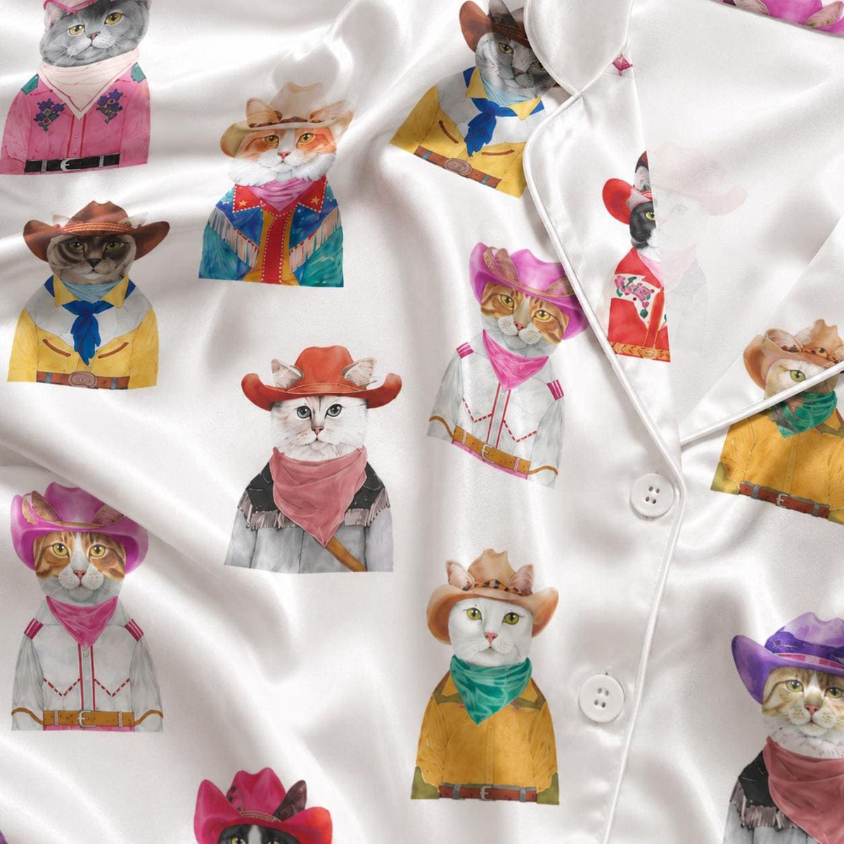 Cowboy Cat Satin Pajama Set - Cute Kittens Western Hats Rodeo Pattern - Cozy Sleepwear