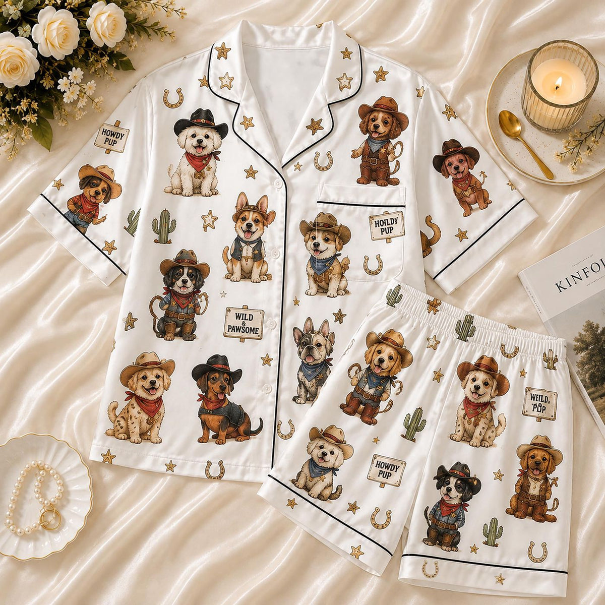 Western Cowboy Dog Pajamas: Funny Retro Satin Sleepwear for Pet Lovers