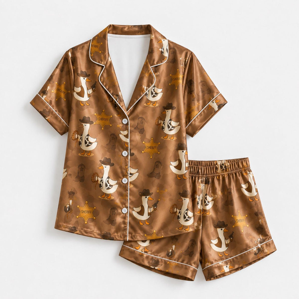 Western Farm Animal Print Cowboy Duck Satin Pajama Set for Cozy Sleepwear