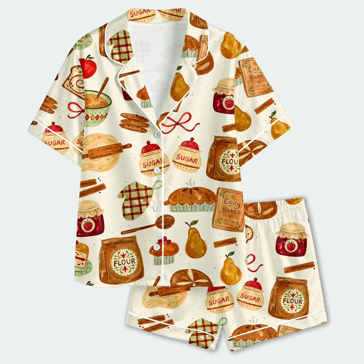 Cottagecore Baking Satin Pajama Set - Cozy Sleepwear with Bread Flour Jam Pears & Rustic Bakery Pattern