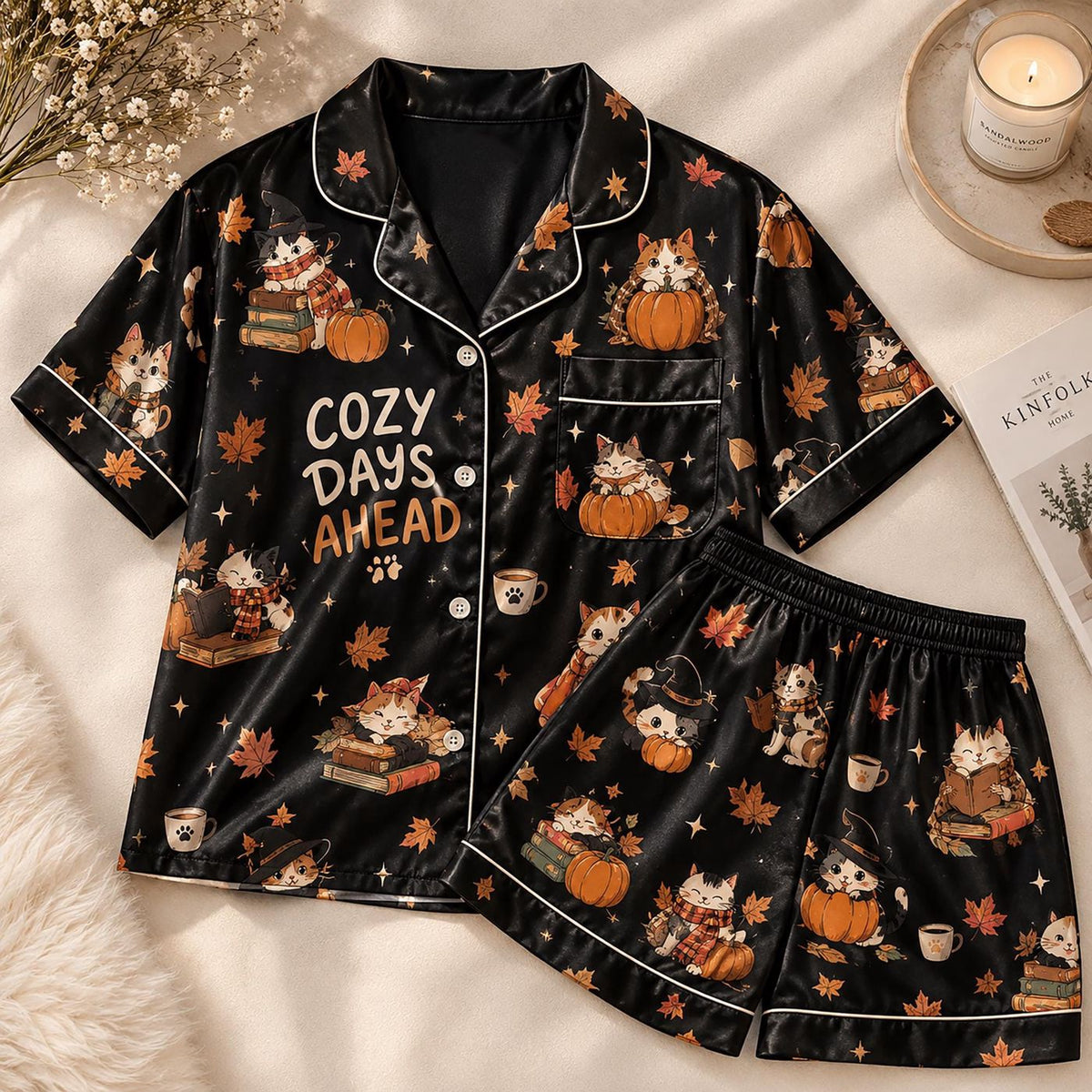 Cozy Days Ahead Cat Pajamas: Autumn Kitten Pumpkin Sleepwear Set for Halloween