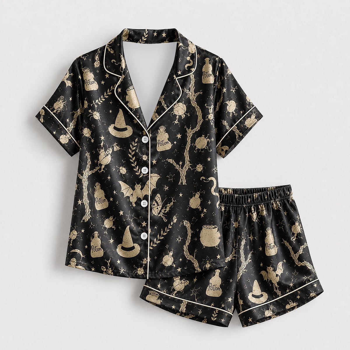 Spooky Satin Halloween Pajama Set with Festive Print - Cozy and Stylish