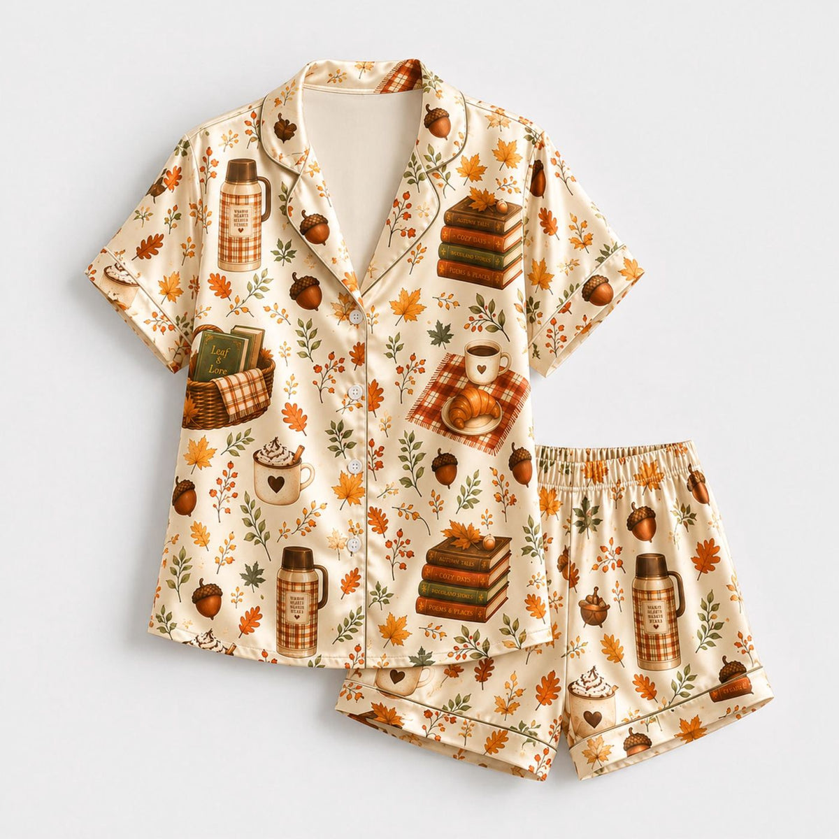 Book Lover Coffee Autumn Leaves Satin Pajama Set - Cozy Sleepwear