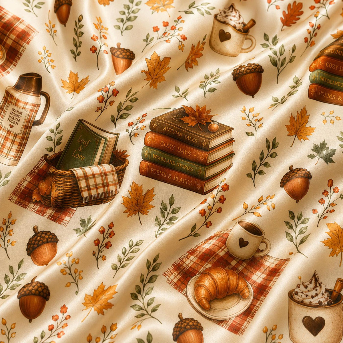 Cozy Satin Pajama Set for Book Lovers with Coffee and Autumn Leaves Print