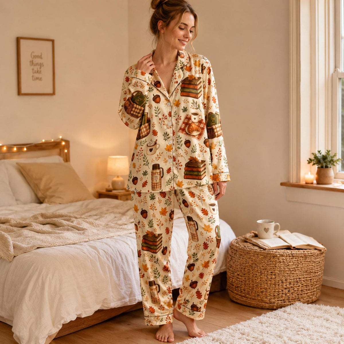 Cozy Satin Pajama Set for Book Lovers with Coffee and Autumn Leaves Print