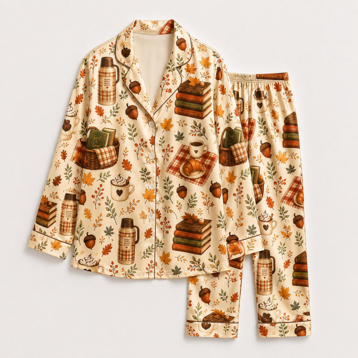 Cozy Satin Pajama Set for Book Lovers with Coffee and Autumn Leaves Print