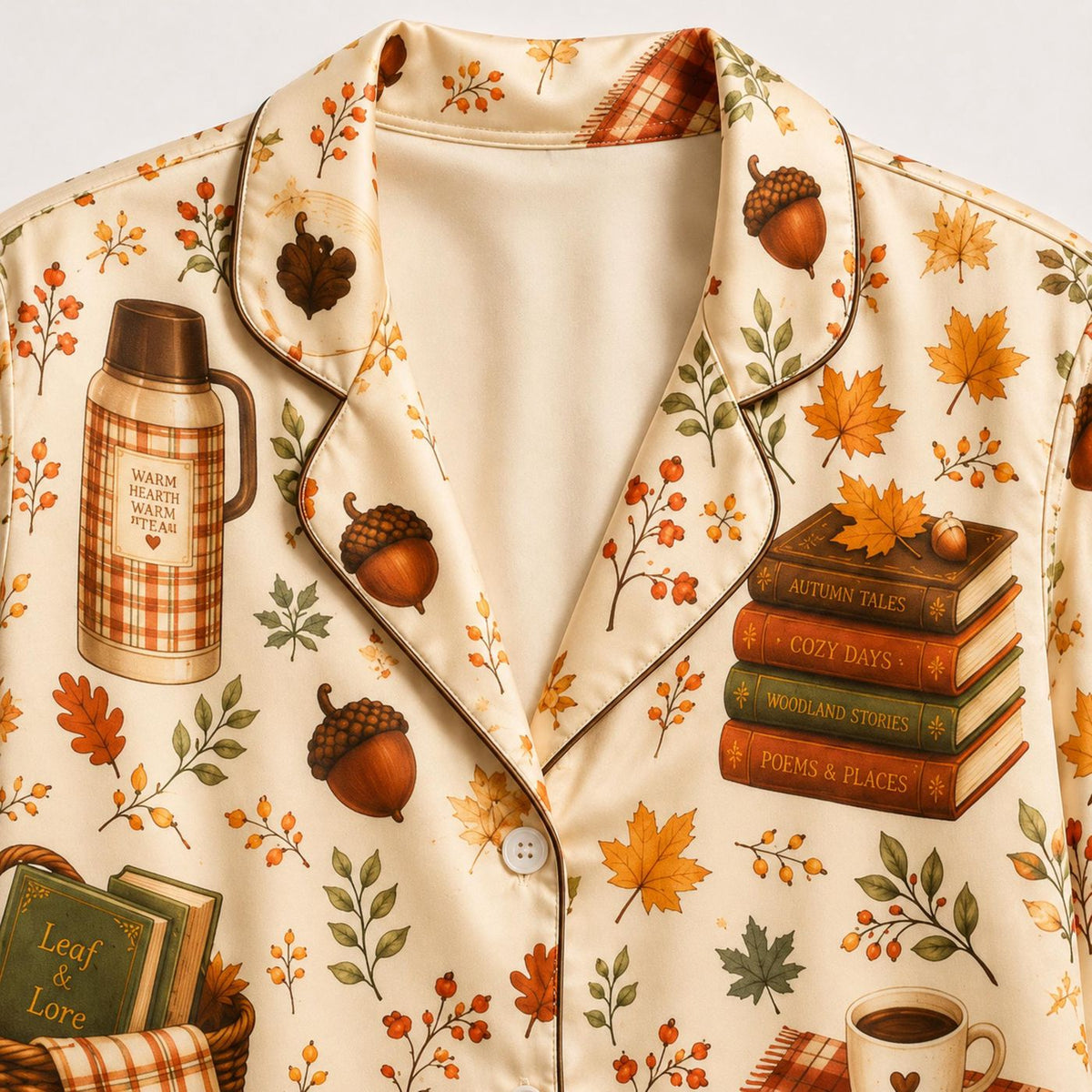 Cozy Satin Pajama Set for Book Lovers with Coffee and Autumn Leaves Print