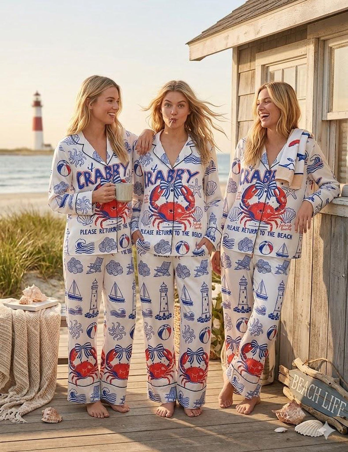 Women s Crab Print Pajama Set: Tropical Beach Loungewear for a Stylish Holiday