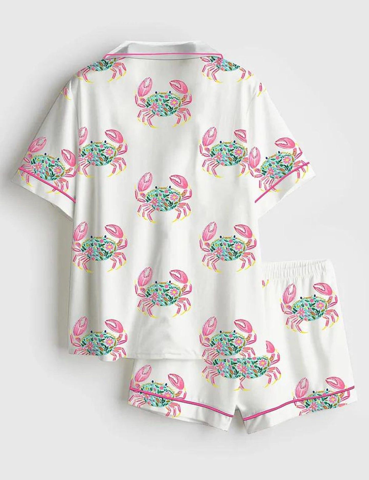 Crab Pajama Set Women Coastal Beach Pink Satin Summer Vacation Gift