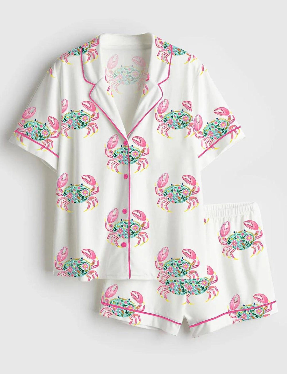 Crab Pajama Set Women Coastal Beach Pink Satin Summer Vacation Gift