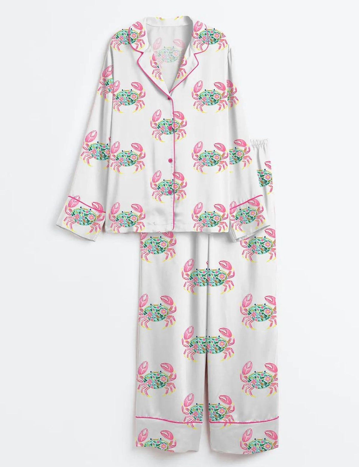 Crab Pajama Set Women Coastal Beach Pink Satin Summer Vacation Gift