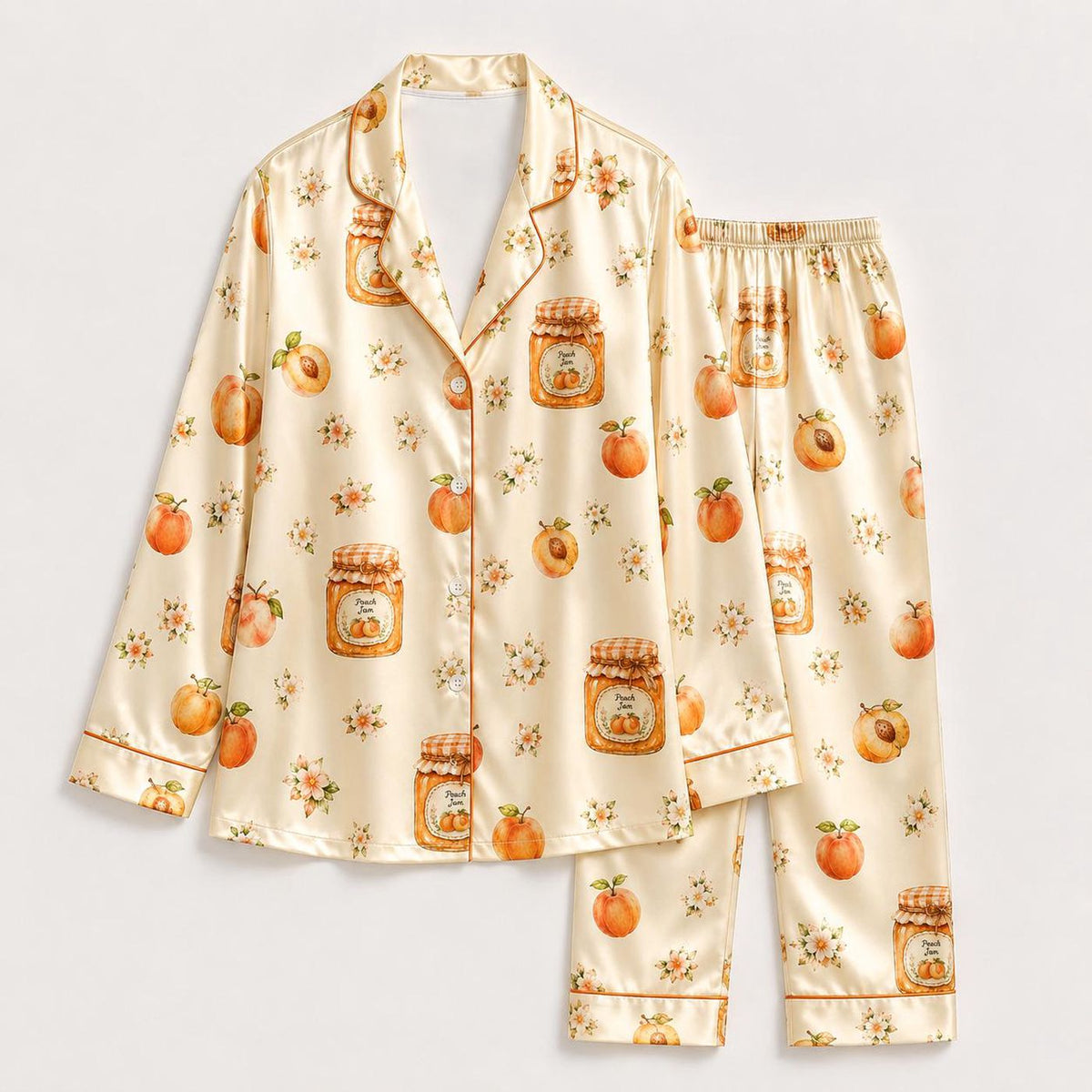 Cozy Cream Peach Satin Pajama Set with Fruit Jar Pattern - Ideal Sleepwear
