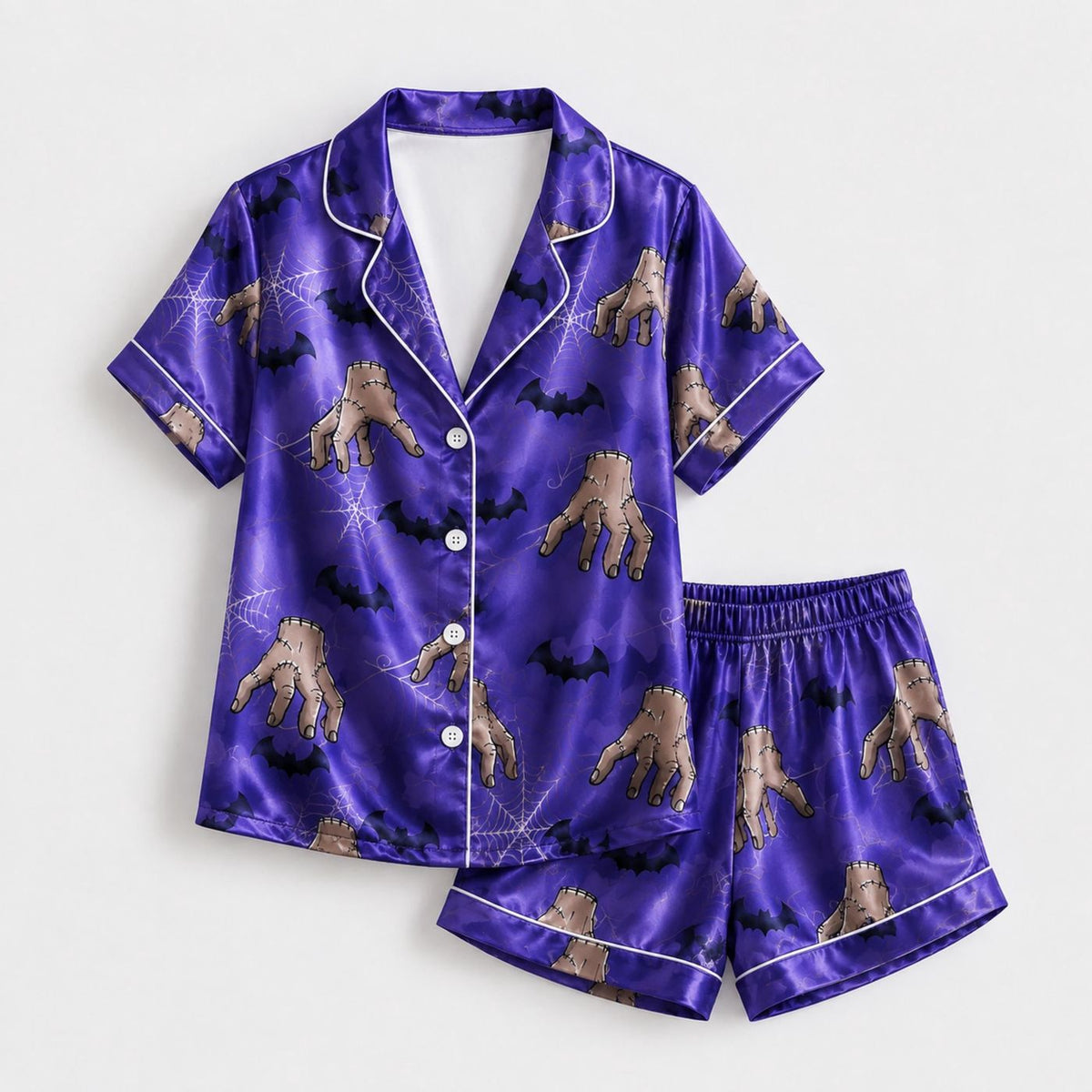 Spooky Stitched Hand Bat Web Halloween Satin Pajama Set in Purple - Creepy Sleepwear