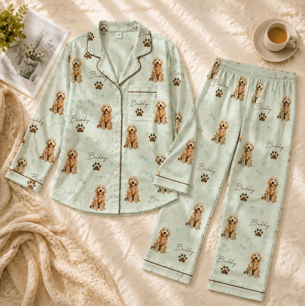 Personalized Custom Dog Face Pajama Set Mint Green Pet Photo Sleepwear