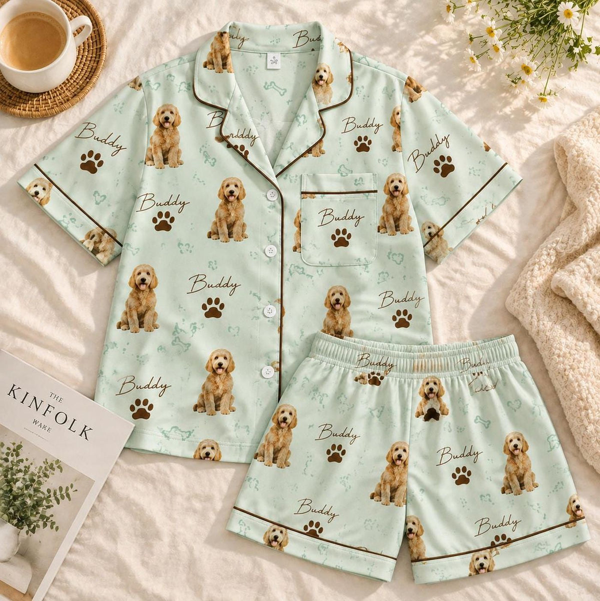 Personalized Custom Dog Face Pajama Set Mint Green Pet Photo Sleepwear