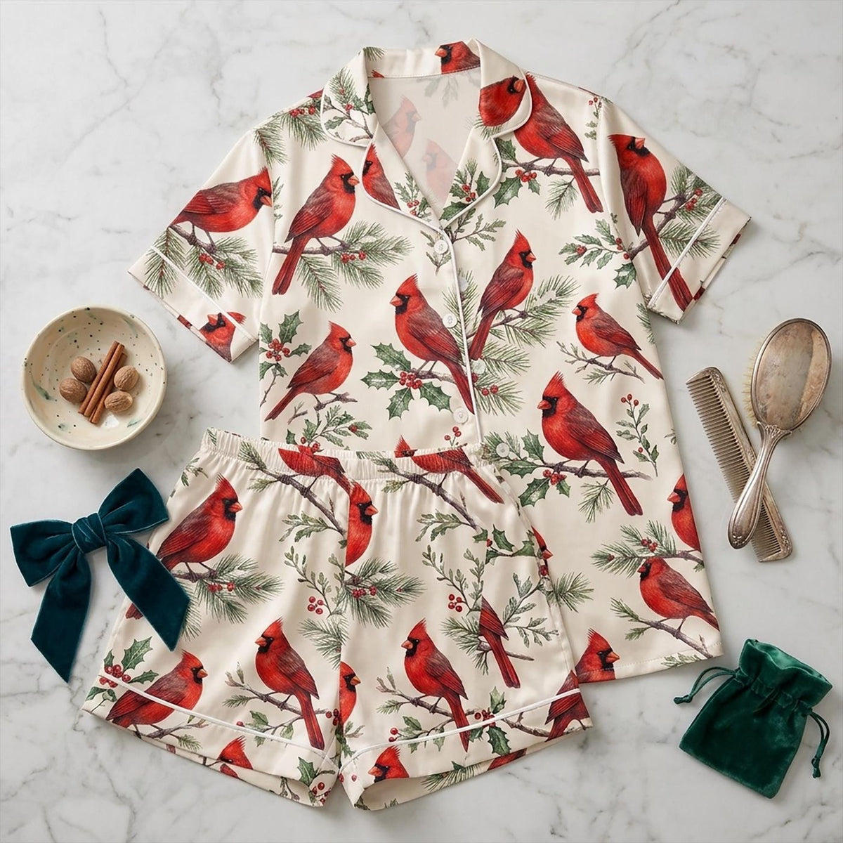 Personalized Initial Cardinal Pyjamas & Cozy Pinecone Winter Sleepwear Set - Unique Christmas Gifts For Her