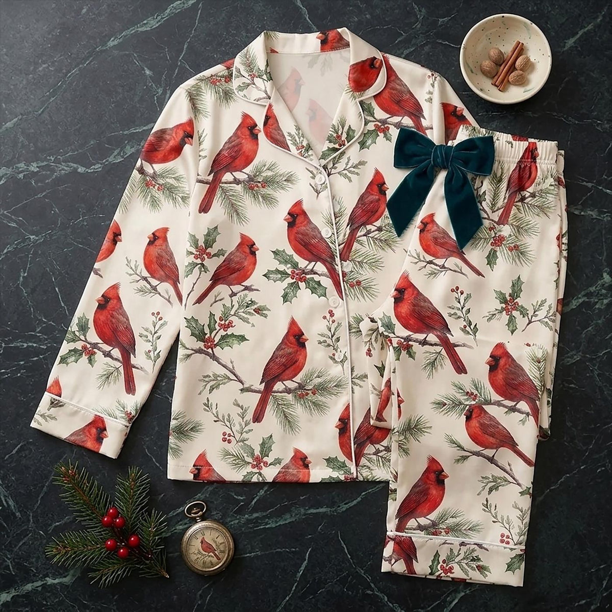 Personalized Initial Cardinal Pyjamas & Cozy Pinecone Winter Sleepwear Set - Unique Christmas Gifts For Her