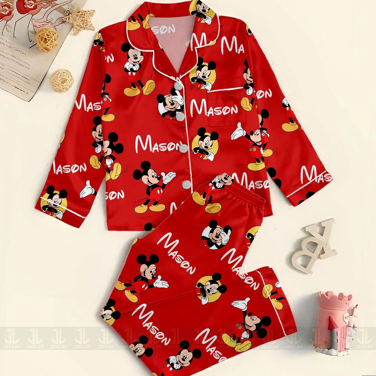 Kid Mouse Satin Pajamas Set Custom Name Matching Sleepwear