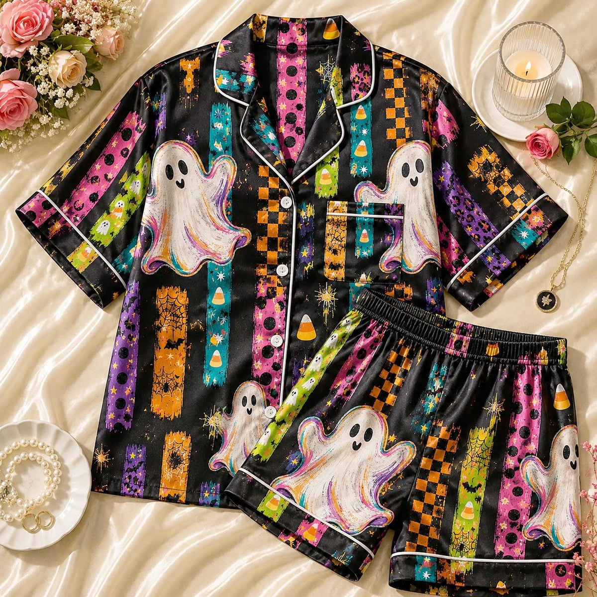 Stay Spooky Custom Name Pajamas: Polka Dot Striped Sleepwear Set for Halloween Gifts