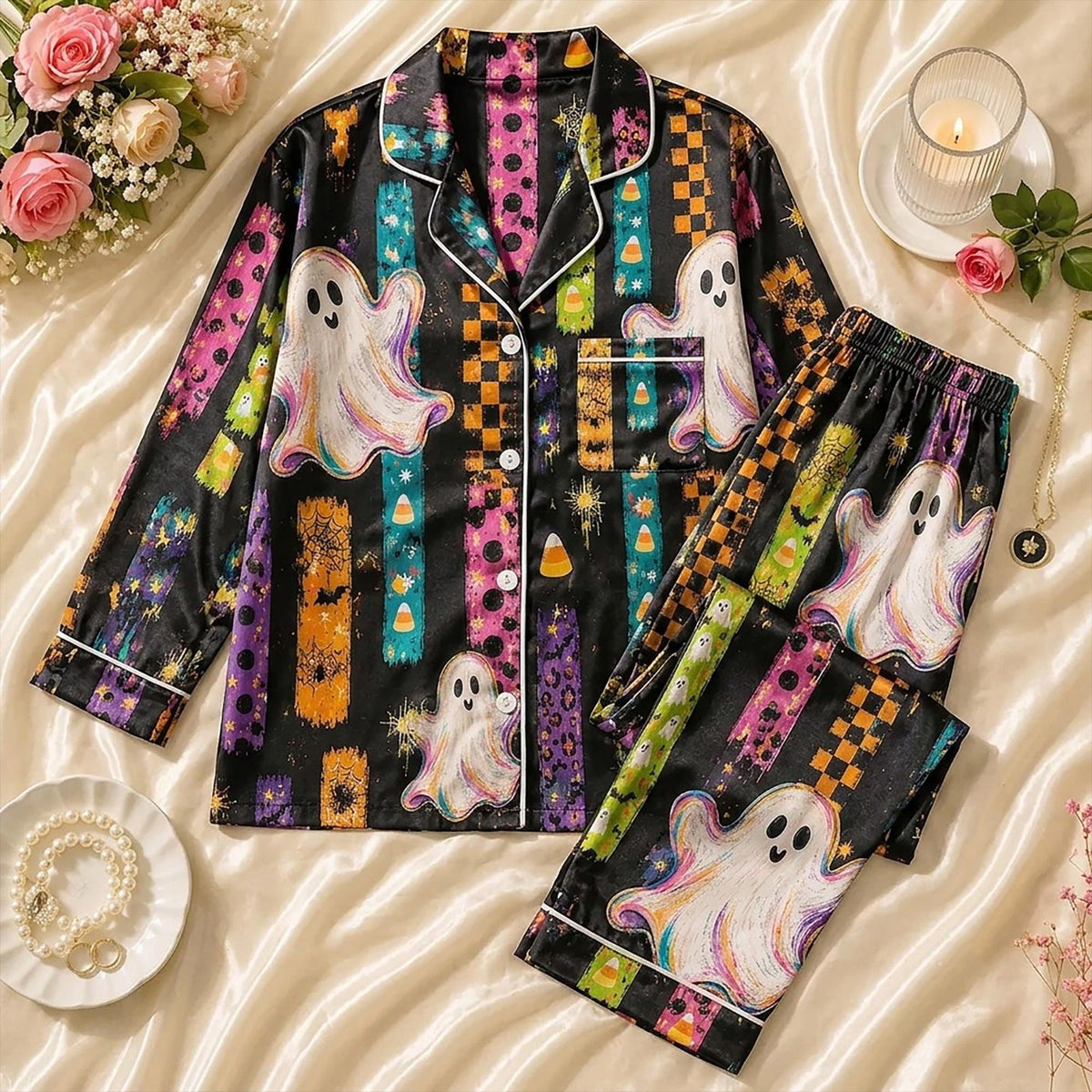 Stay Spooky Custom Name Pajamas: Polka Dot Striped Sleepwear Set for Halloween Gifts
