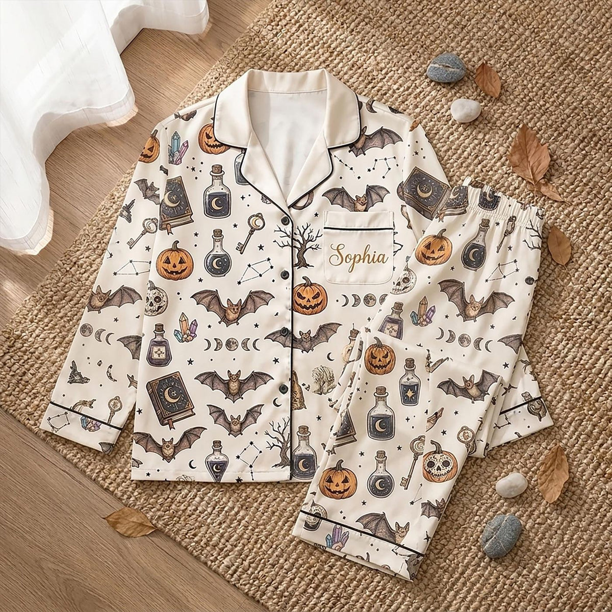 Custom Name Witchy Pajamas Set: Aesthetic Bat Pumpkin Sleepwear