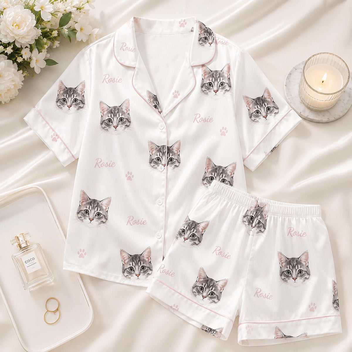 Personalized Custom Pet Face Women Pajama Set Cat & Dog Photo PJs Gift