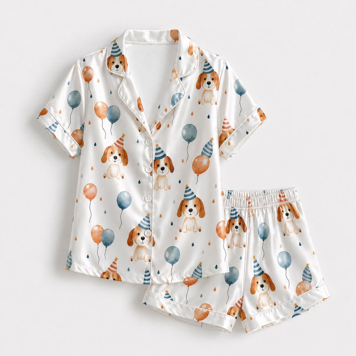 Cute Birthday Puppy Satin Pajama Set with Party Hat & Balloon - Cozy Dog Pattern Sleepwear