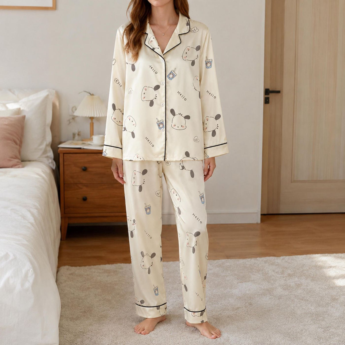 Cute Cartoon Puppy Satin Pajama Set Cream White Dog Pattern Sleepwear